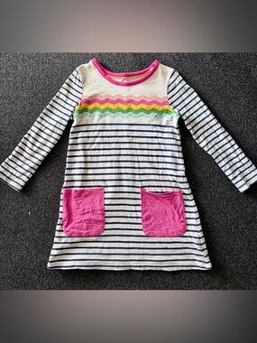 Mini Boden rainbow wave long sleeve striped dress